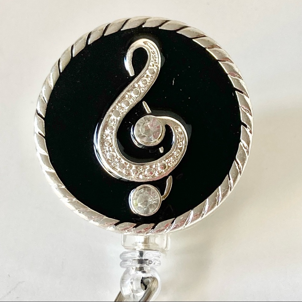 Crystal Enamel Music ID Work Badge Holder Retractable Reel Lanyard Silver Black
